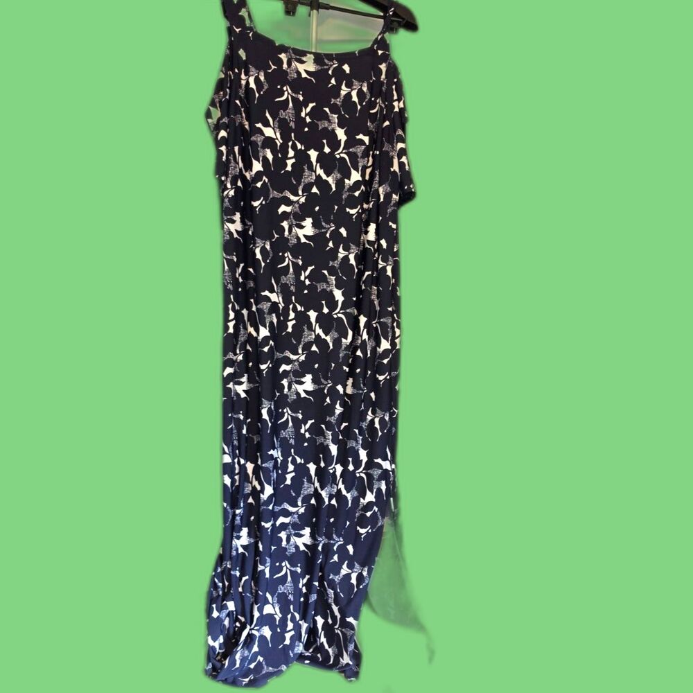 Roaman's Dark Navy Blue White Print Dress Size 22/24 Slinky Maxi Sleeveless